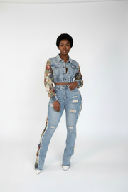 Nouvel ensemble jean rétro femme avec couture et dentelle latérale