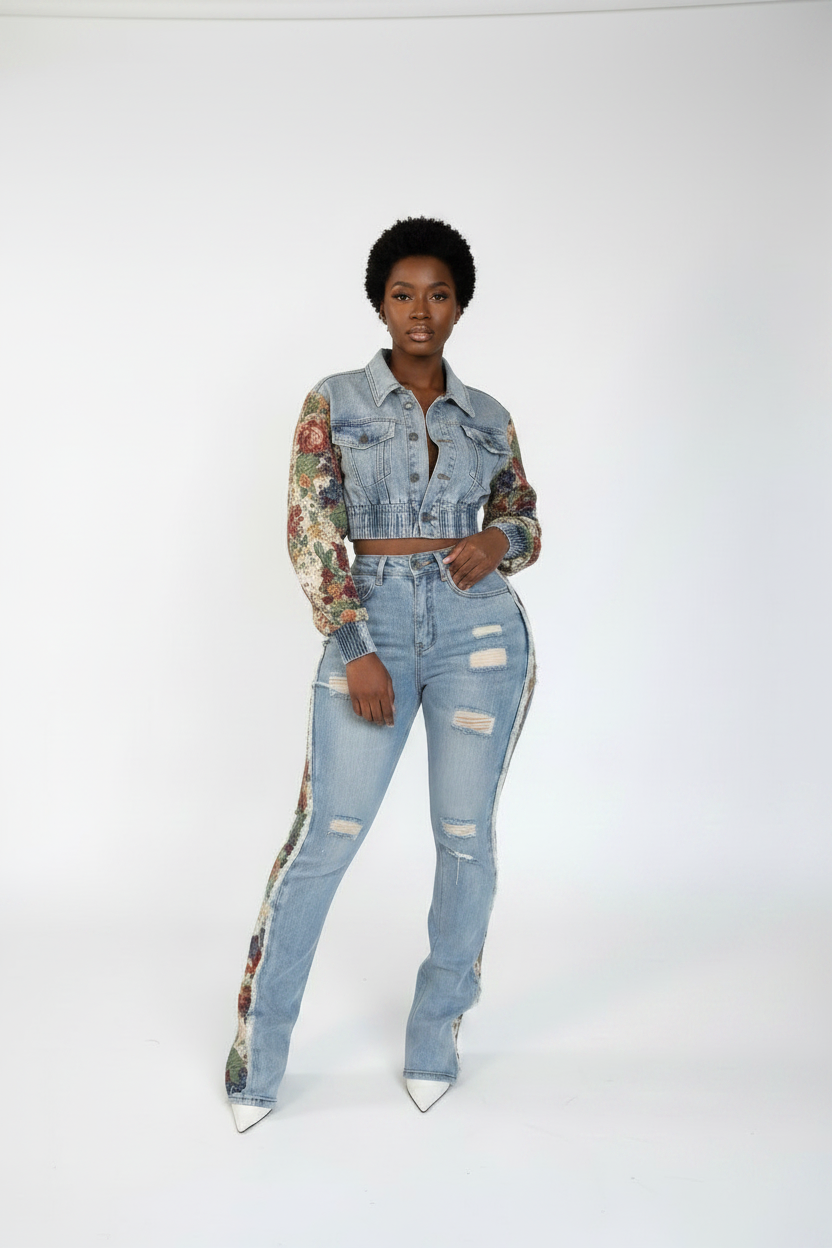 New Retro Jeans Women's Stitching Fashion Side Lace Suit
