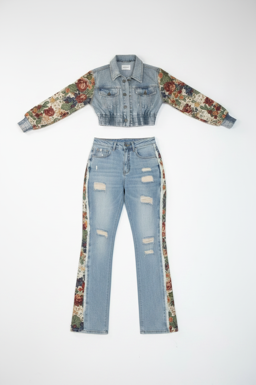 New Retro Jeans Women's Stitching Fashion Side Lace Suit