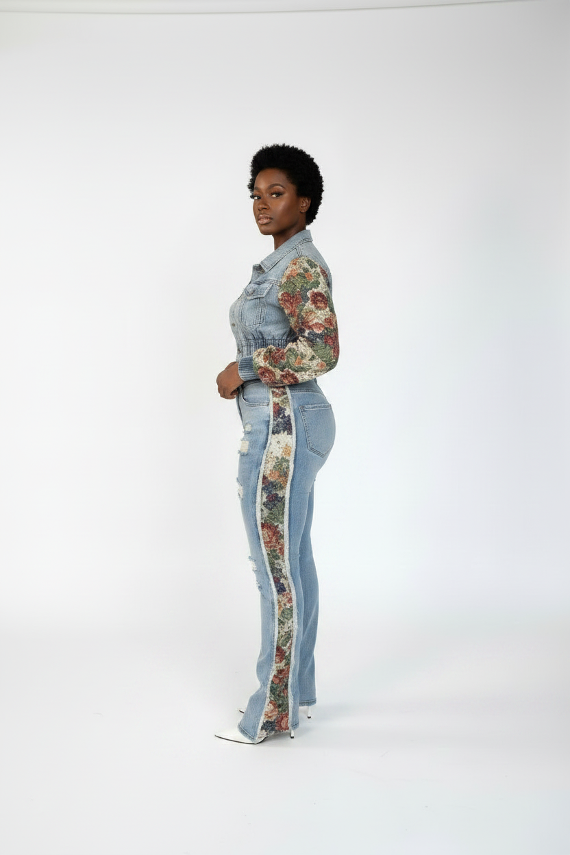 New Retro Jeans Women's Stitching Fashion Side Lace Suit