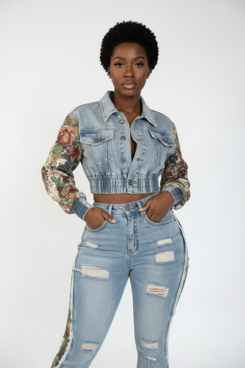 Nouvel ensemble jean rétro femme avec couture et dentelle latérale