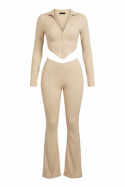 Womens Slim Fit Solid Color Zip Up Crop Top And Pants Set