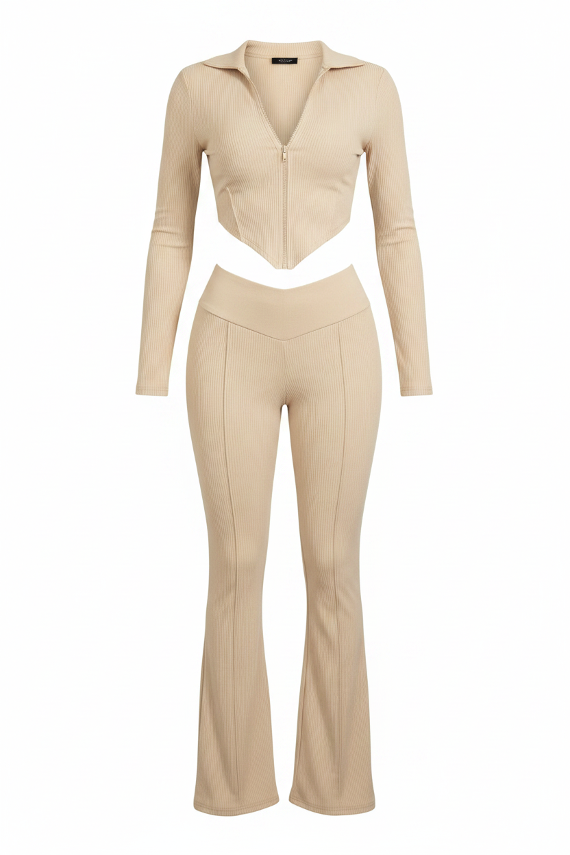 Womens Slim Fit Solid Color Zip Up Crop Top And Pants Set