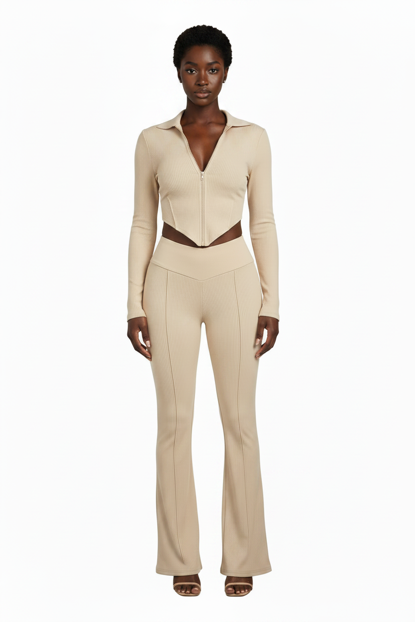 Womens Slim Fit Solid Color Zip Up Crop Top And Pants Set