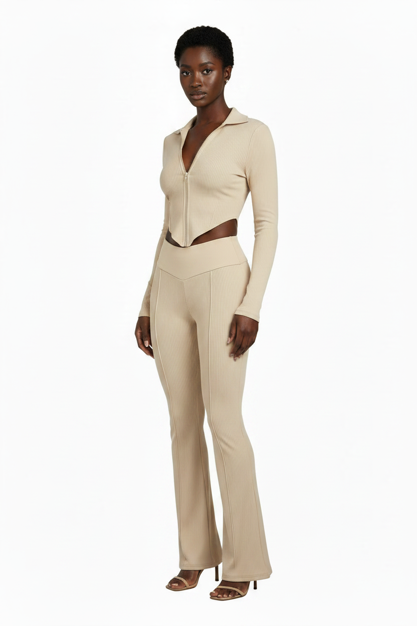 Womens Slim Fit Solid Color Zip Up Crop Top And Pants Set