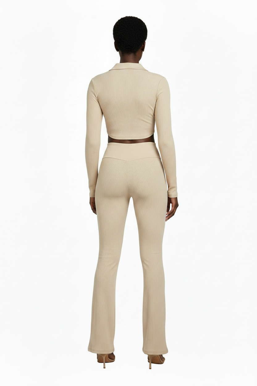 Womens Slim Fit Solid Color Zip Up Crop Top And Pants Set