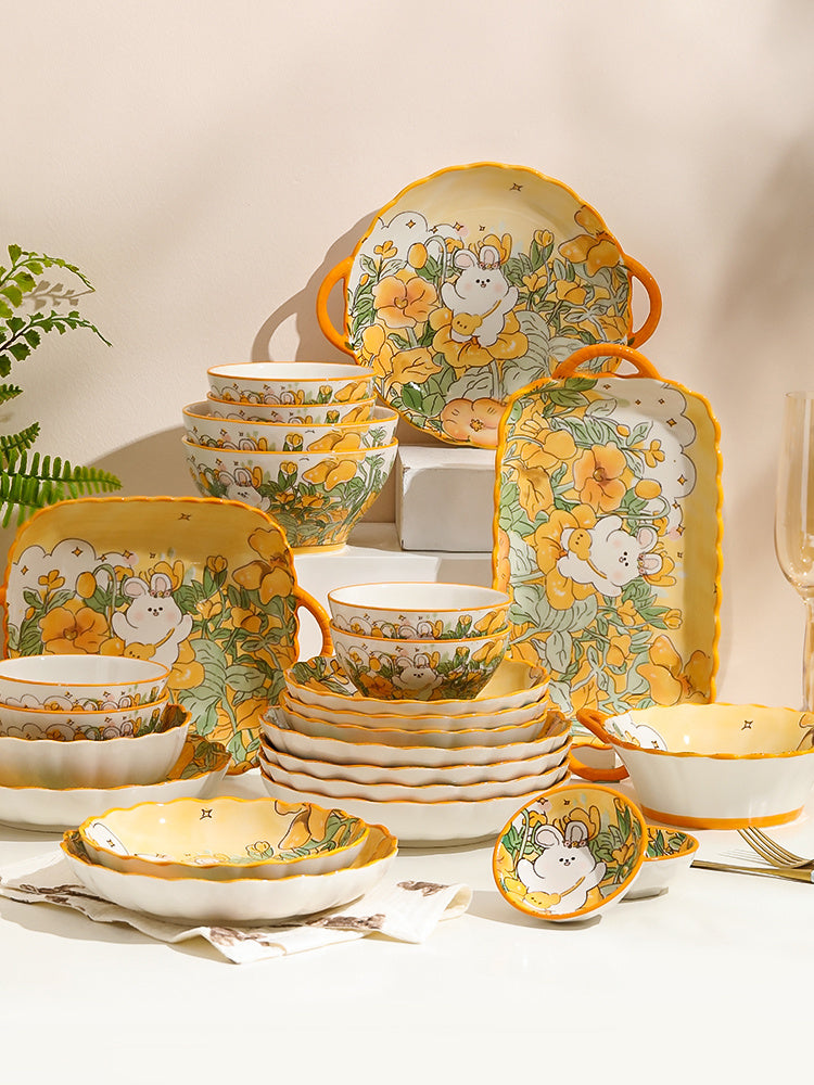 Ceramic Tableware Cartoon Large Binaural Plate Good-looking Steak Plate Fruit Salad Bowl