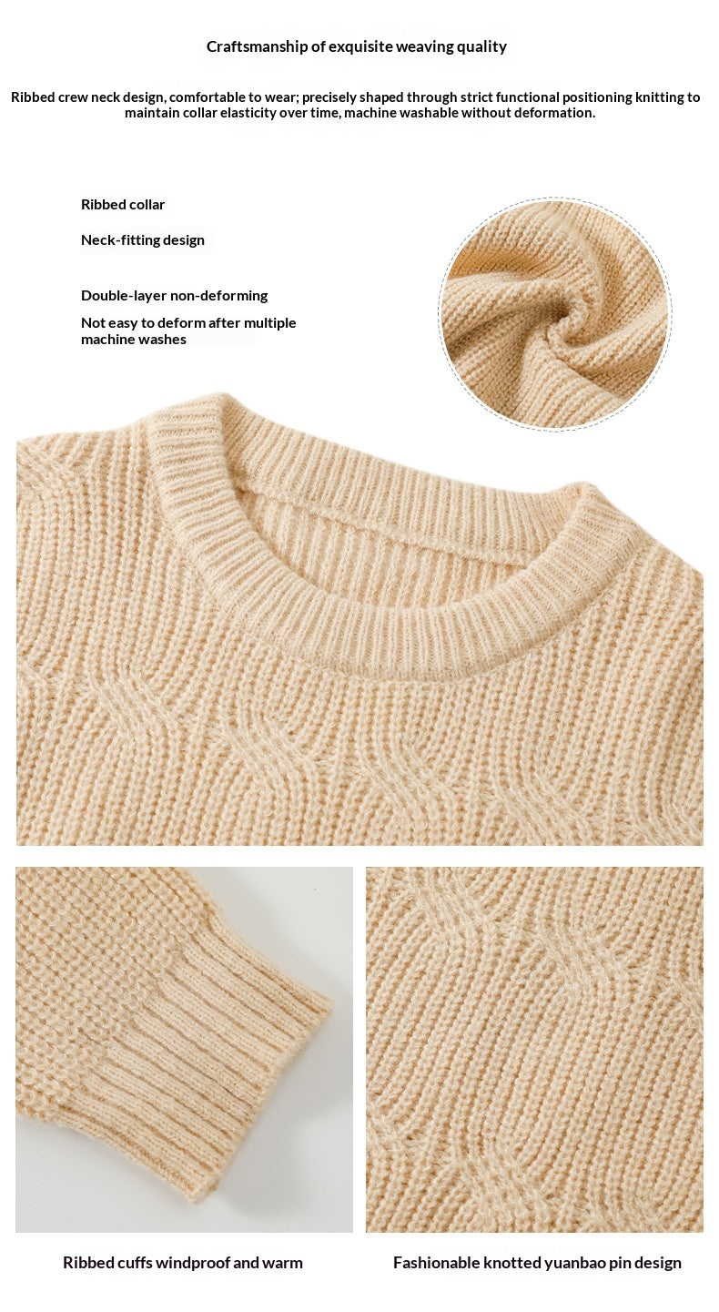 Men's Solid-Colour Retro Crew Neck Long-Sleeve Knitted Sweater