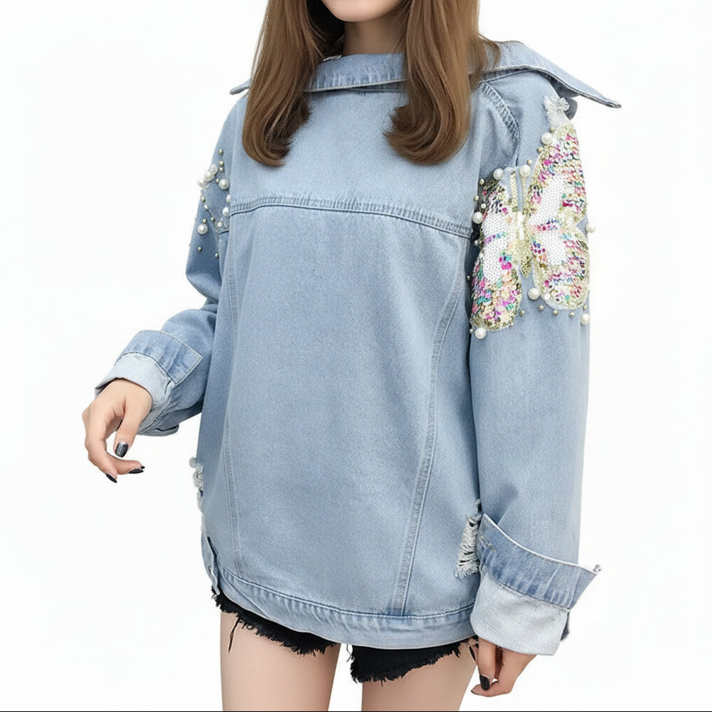 Women's Korean-Style Loose Embroidered Denim Jacket