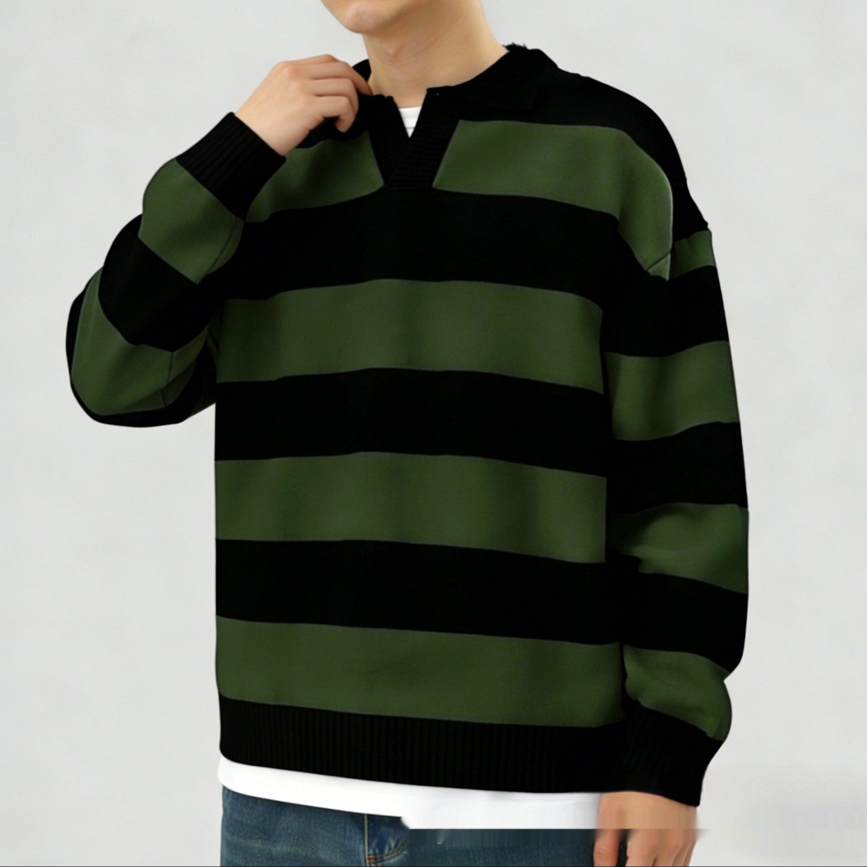 Men's Casual V-Neck Contrast Stripe Long-Sleeve Knit Pullover