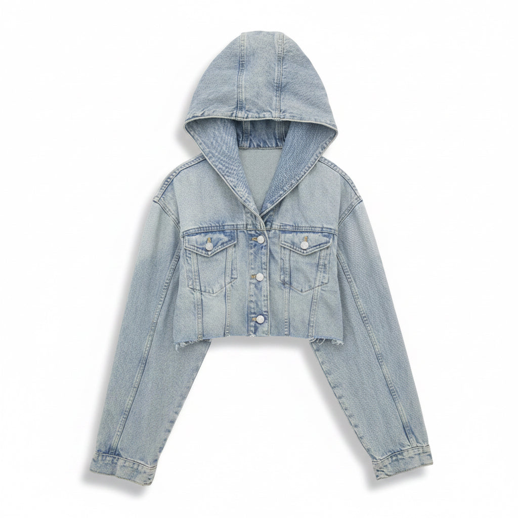 Women's Washed Frayed Hem Hooded Denim Jacket