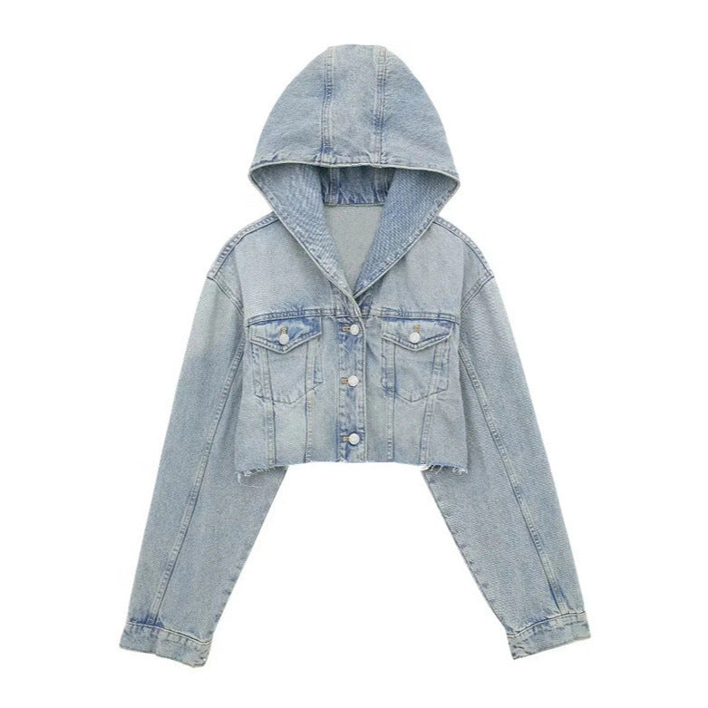 Women's Washed Frayed Hem Hooded Denim Jacket