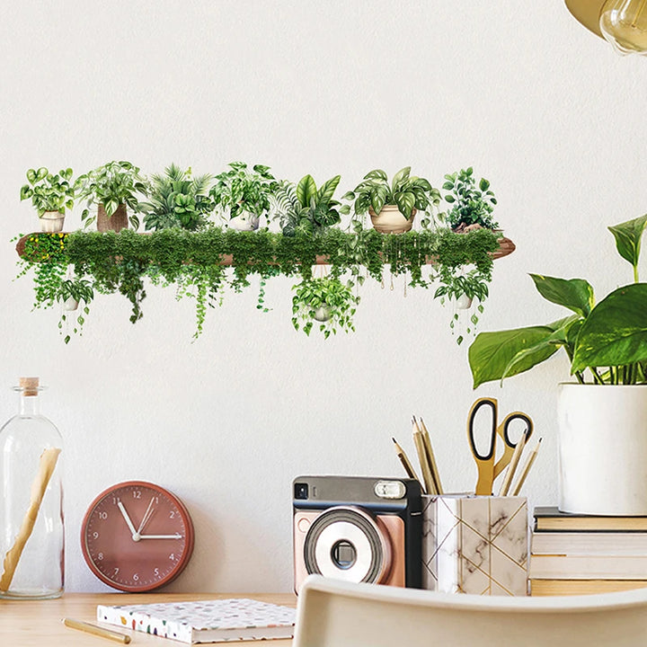 Green Dill Leaves Hanging Basket Wall Stickers