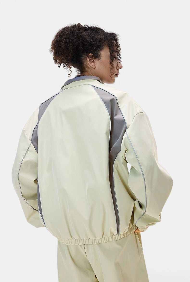 Men's Retro Racing Jacket & Wide-Leg Pants – Khaki & Light Gray
