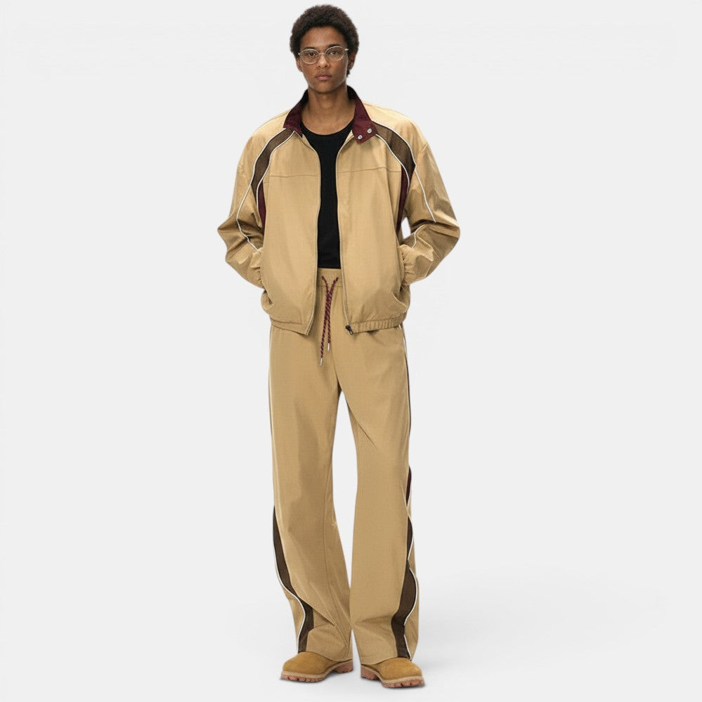 Men's Retro Racing Jacket & Wide-Leg Pants – Khaki & Light Gray