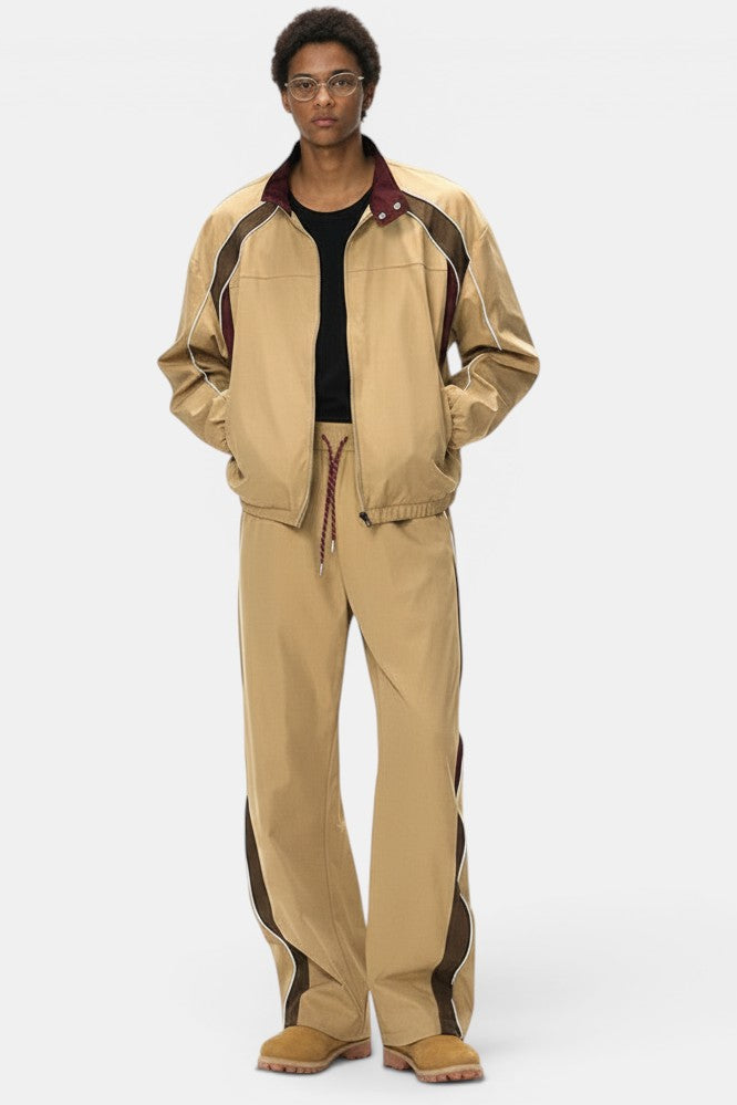 Men's Retro Racing Jacket & Wide-Leg Pants – Khaki & Light Gray