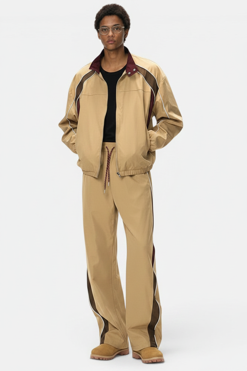 Men's Retro Racing Jacket & Wide-Leg Pants – Khaki & Light Gray