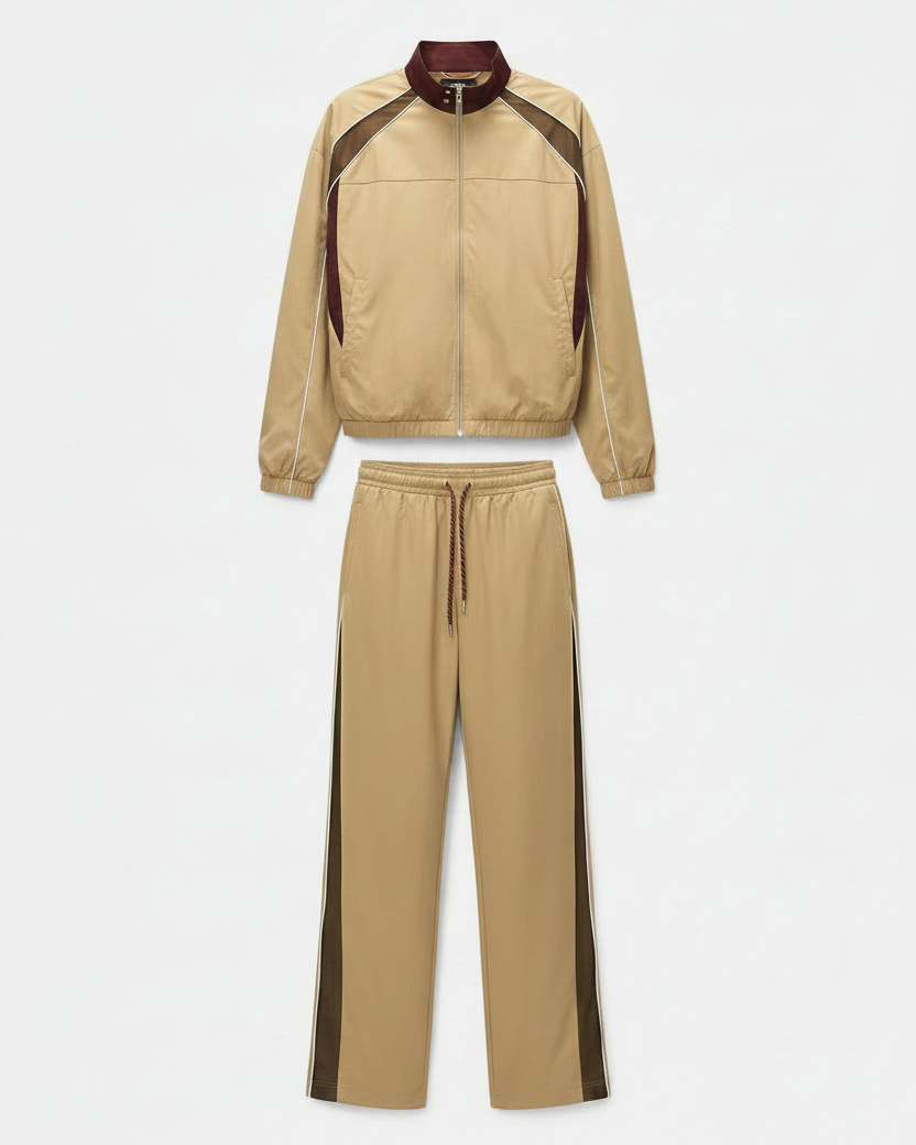 Men's Retro Racing Jacket & Wide-Leg Pants – Khaki & Light Gray