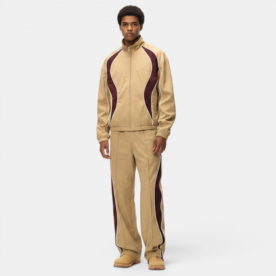 Men's Retro Racing Jacket & Wide-Leg Pants – Khaki & Light Gray
