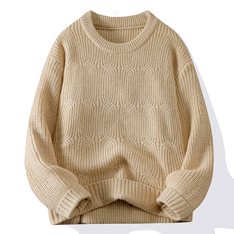 Men's Solid-Colour Retro Crew Neck Long-Sleeve Knitted Sweater