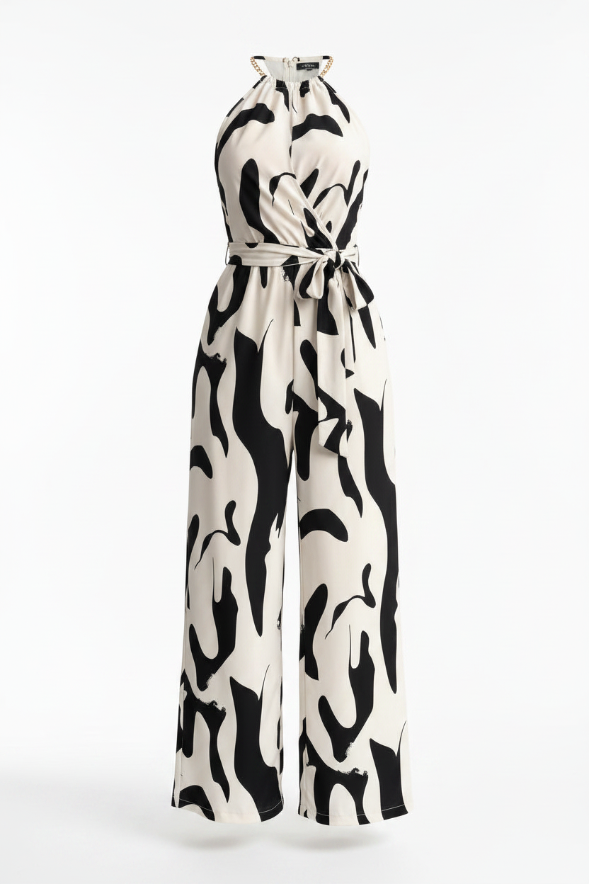 Women's Milk Stripe Halter-Neck Wide-Leg Jumpsuit