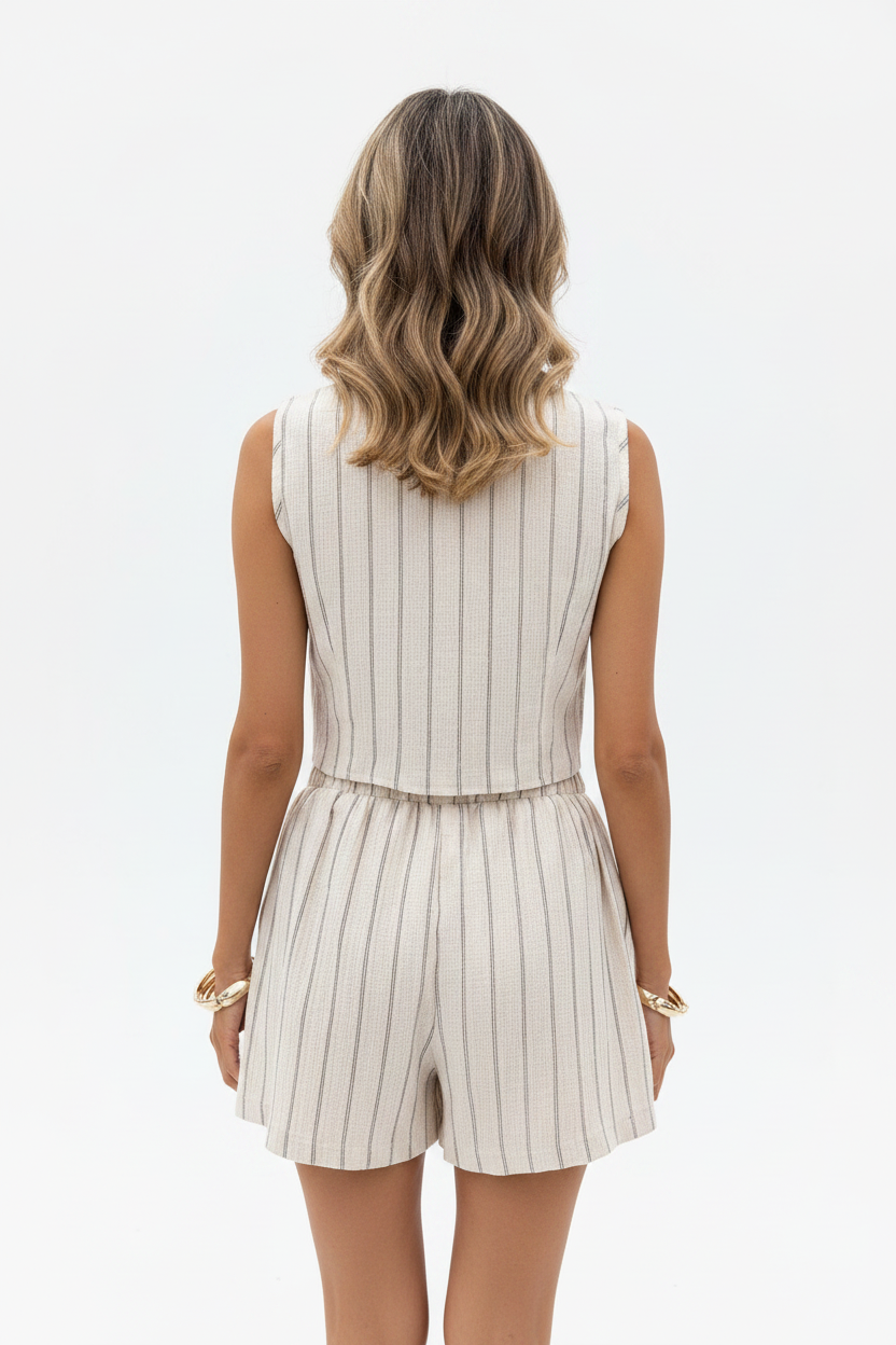 Dames gestreepte single-breasted V-hals mouwloze slim-fit korte broek vakantie set