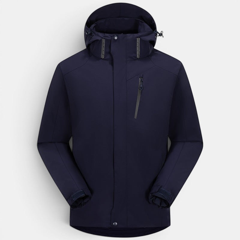 Allzom Couple's 3-in-1 navy blue jacket with white duck down fill, waterproof shell and adjustable hood.