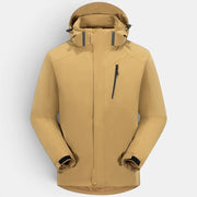 Allzom Couple's 3-in-1 jacket in tan, with white duck down fill. Features a zip pocket and adjustable cuffs.