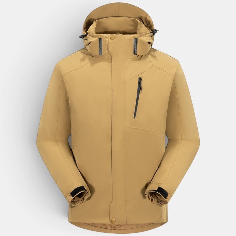 Allzom Couple's 3-in-1 jacket in tan, with white duck down fill. Features a zip pocket and adjustable cuffs.