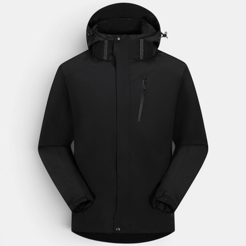 Allzom Couple's 3-in-1 black waterproof jacket with white duck down fill and zip pockets.