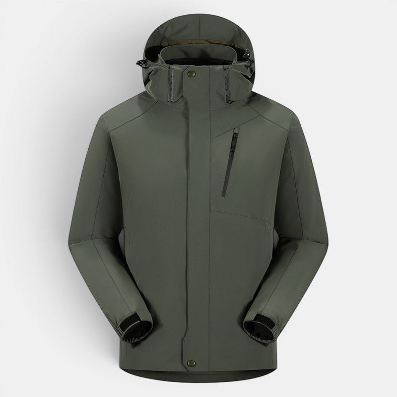 Allzom Couple's 3-in-1 green jacket with white duck down fill and adjustable hood. Versatile design for cold weather.