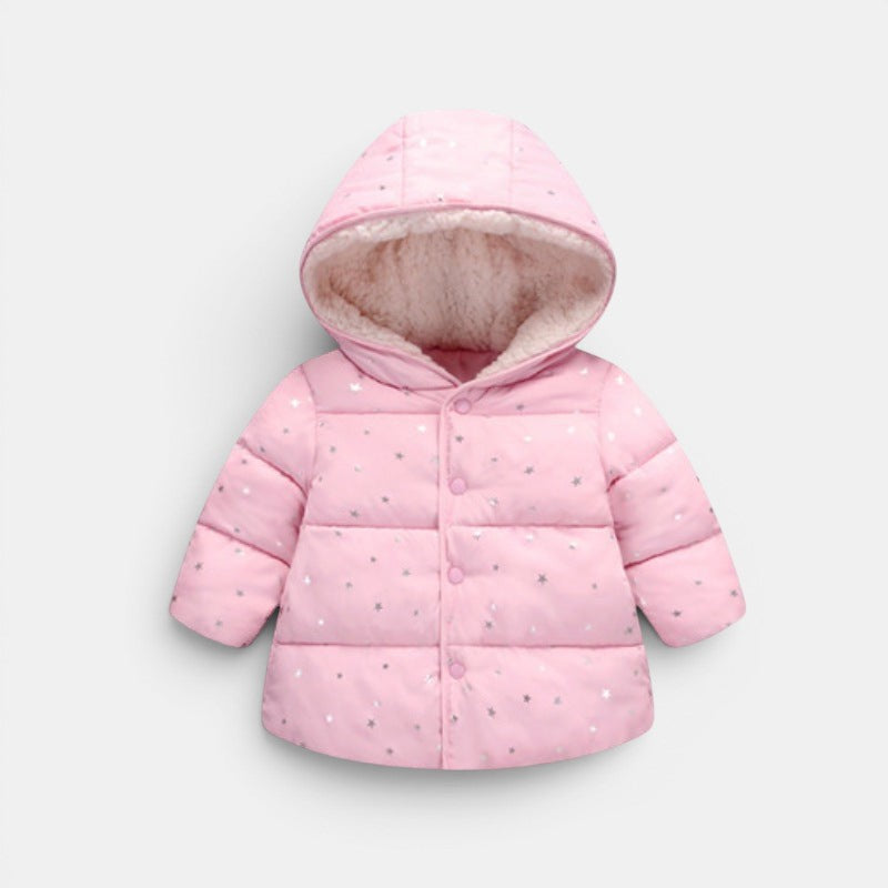 Allzom baby pink cotton jacket with silver star print and sherpa-lined hood. Lightweight and cosy for everyday wear.
