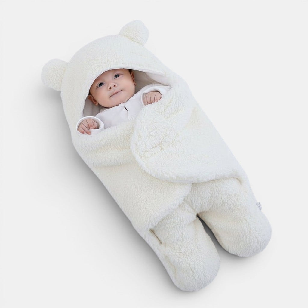 Allzom baby quilted sleeping bag and swaddle wrapper in cream, with bear ears on the hood.