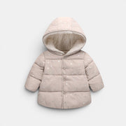 Allzom beige cotton baby jacket with silver star print and sherpa-lined hood. Cozy and practical for everyday wear.