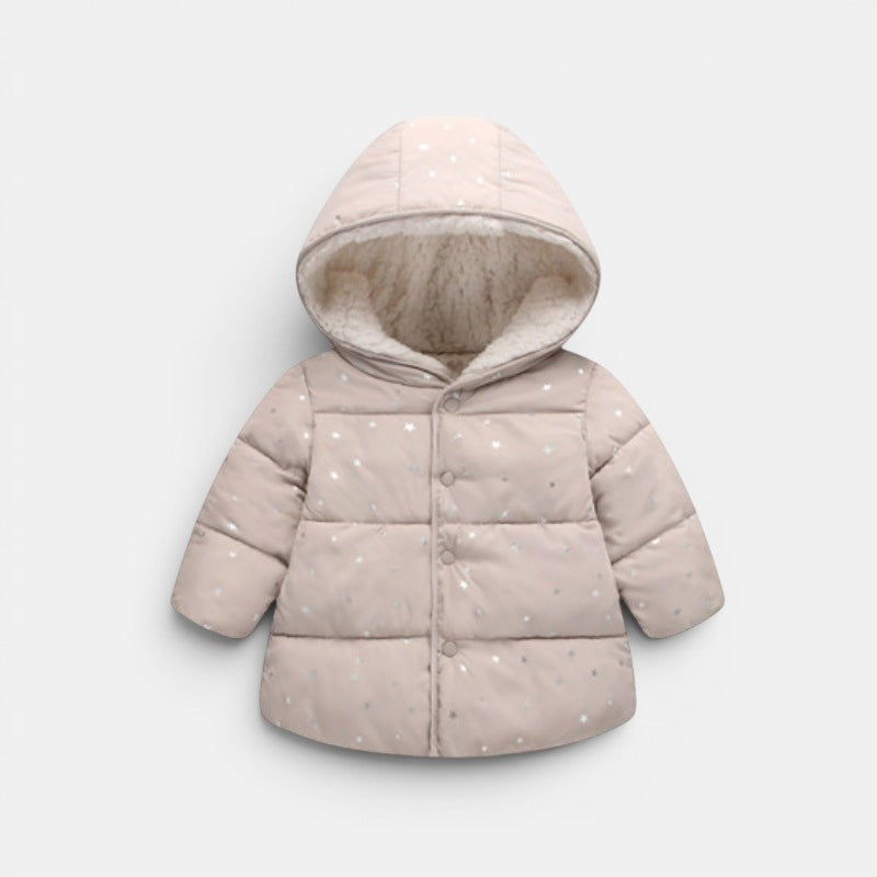 Allzom beige cotton baby jacket with silver star print and sherpa-lined hood. Cozy and practical for everyday wear.
