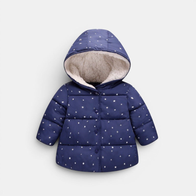 Allzom baby navy blue cotton jacket with white star print and sherpa-lined hood. Cozy and practical.