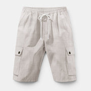Allzom Men's Amekaji workwear shorts in bamboo linen, light beige with drawstring and cargo pockets.