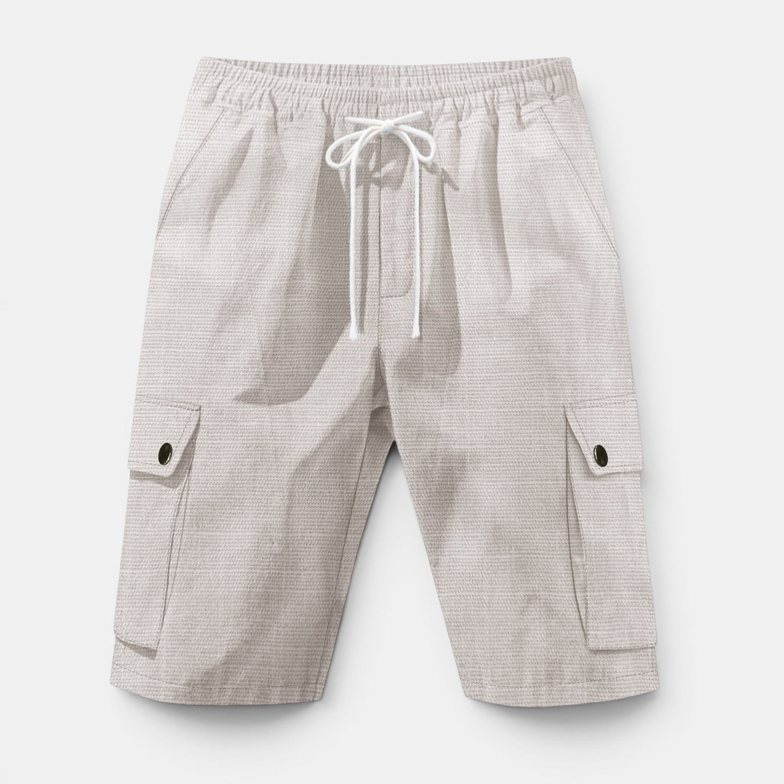 Allzom Men's Amekaji workwear shorts in bamboo linen, light beige with drawstring and cargo pockets.