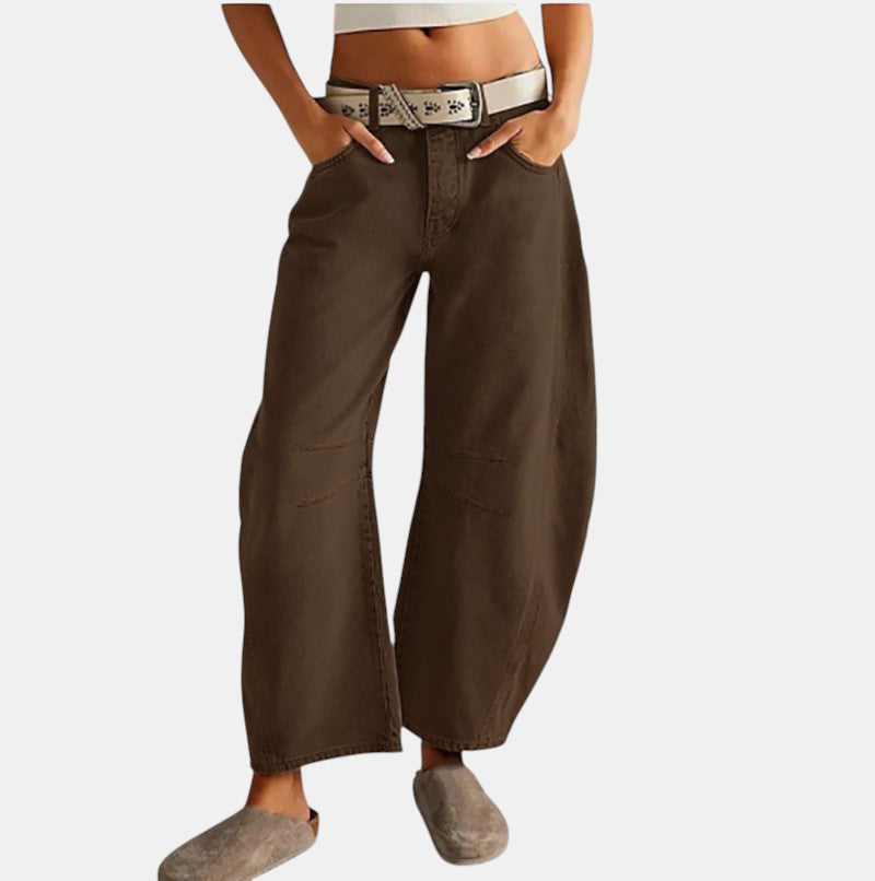 Allzom High Stretch Mid-Rise Barrel Jeans in dark brown, made of 100% polyester, with a wide leg shape and pockets.