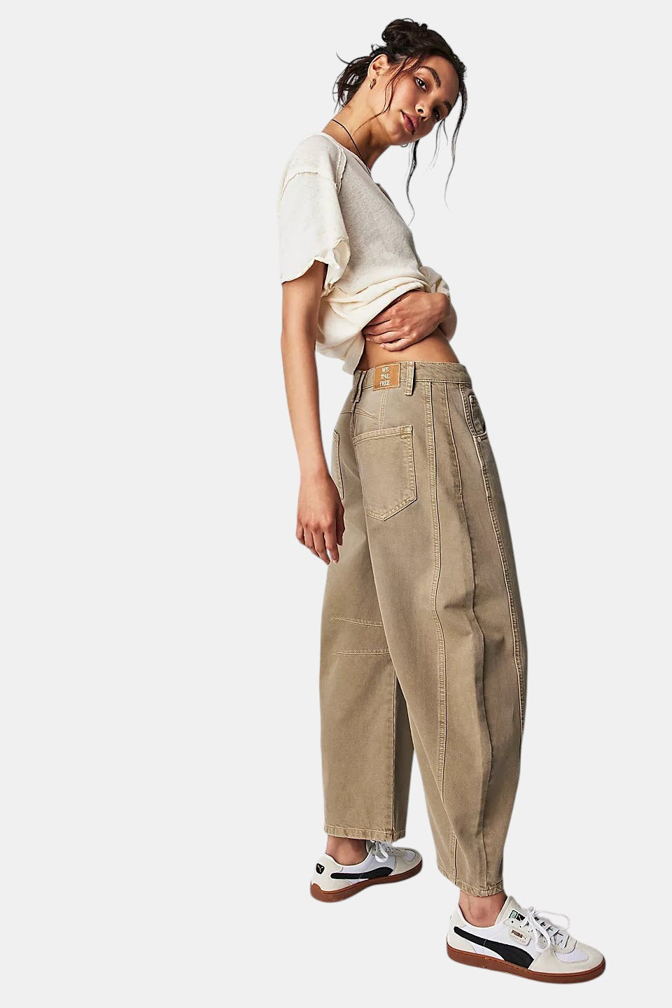 Allzom High Stretch Mid-Rise Barrel Jeans in khaki, made of 100% polyester, with a wide leg shape and pockets.