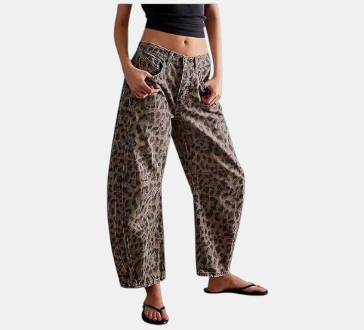 Allzom High Stretch Mid-Rise Barrel Jeans with leopard print, wide leg shape, and pockets. Casual baggy mid-waist denim.