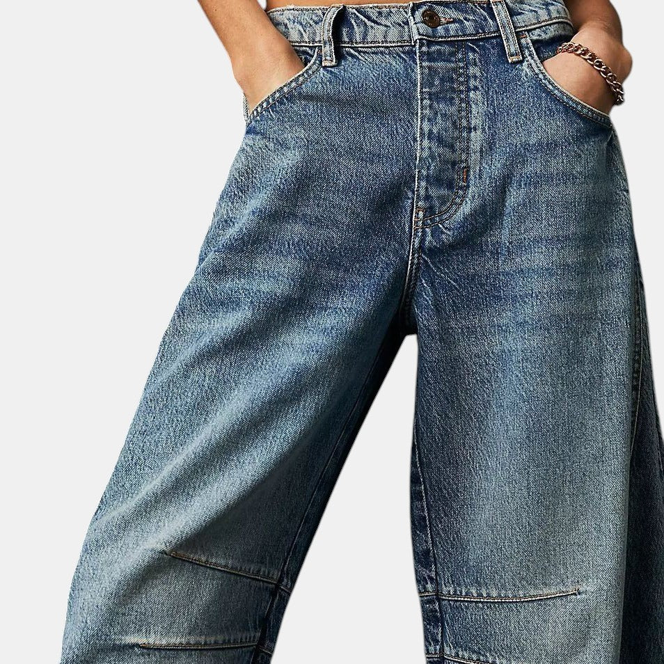 Allzom High Stretch Mid-Rise Barrel Jeans in washed blue denim with wide legs and pockets. Casual baggy fit.