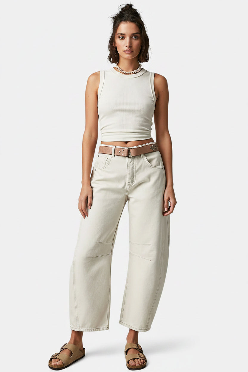 Allzom High Stretch Mid-Rise Barrel Jeans in off-white denim with wide legs and contrast stitching. Casual baggy fit.