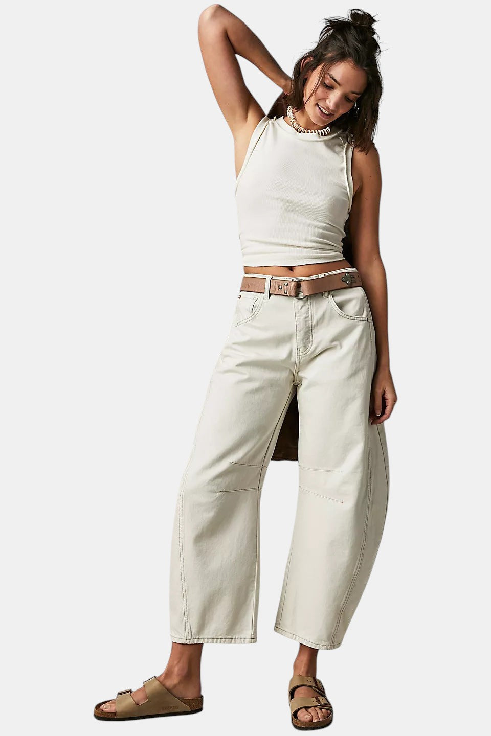 Allzom High Stretch Mid-Rise Barrel Jeans in off-white denim with wide legs and contrast stitching. Casual baggy fit.