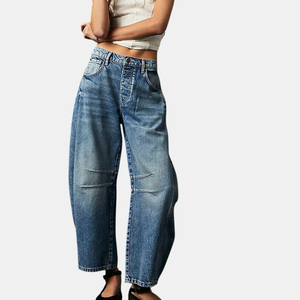 Allzom High Stretch Mid-Rise Barrel Jeans, wide leg denim with pockets and stone wash detail, casual baggy fit.