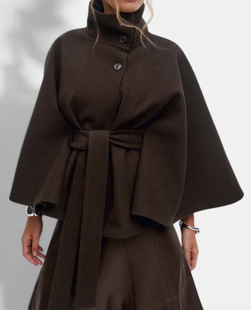 Allzom women's dark brown polyester batwing sleeve coat with high neck, belt and button details.