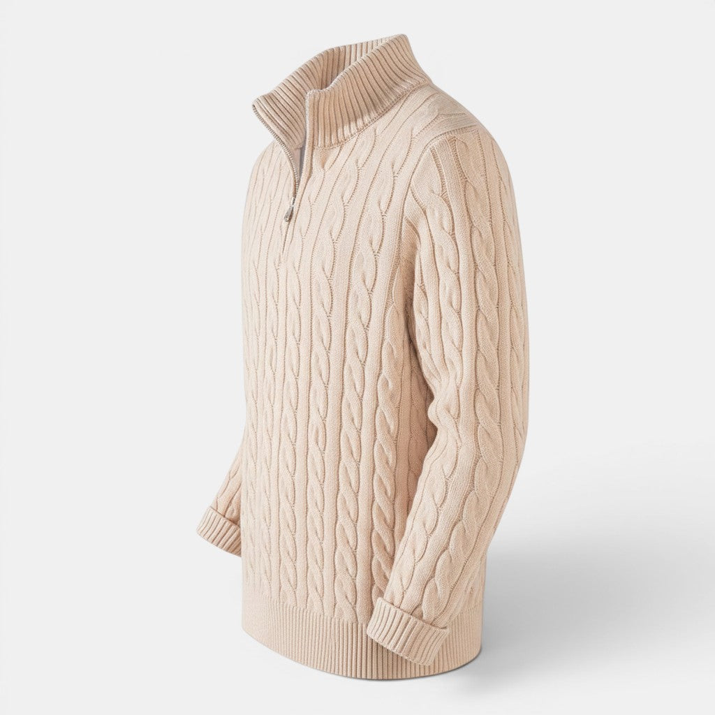 Allzom men's beige cable-knit zip-up sweater coat with a relaxed fit and mock neck.