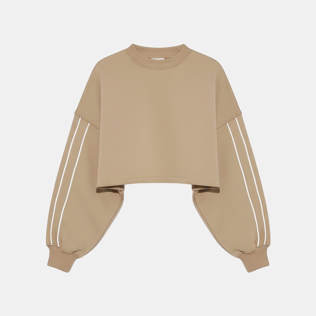 Allzom cropped beige long sleeve sweatshirt with white stripe detail on sleeves and ribbed cuffs.