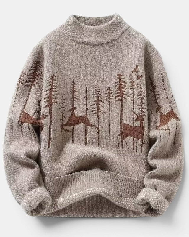 Allzom bege bege tricotado com padrão de floresta e veados, gola alta meia, manga comprida.