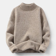 Allzom beige knitted pullover sweater with a mock neck and relaxed fit.